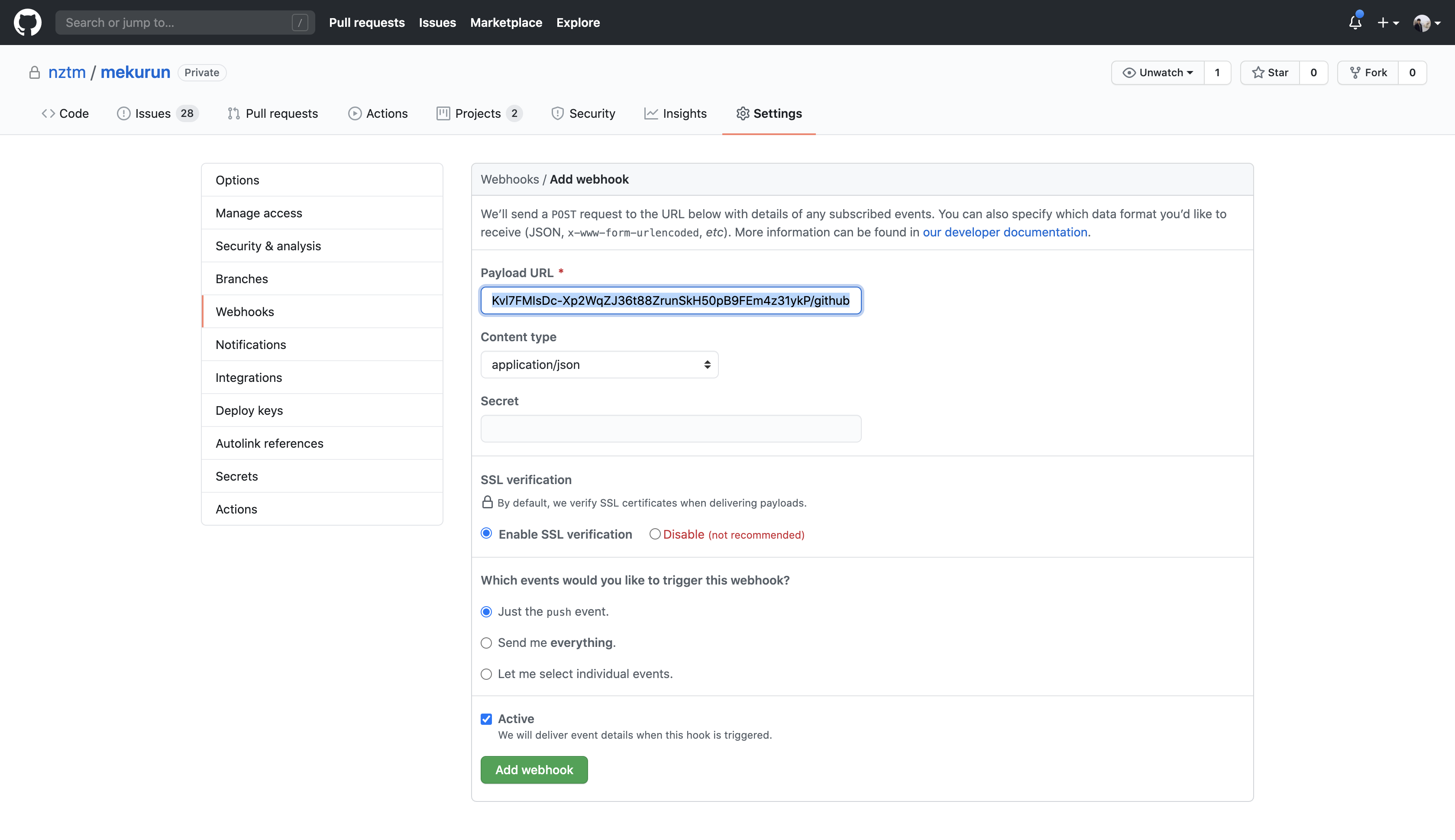 GitHub Add webhook